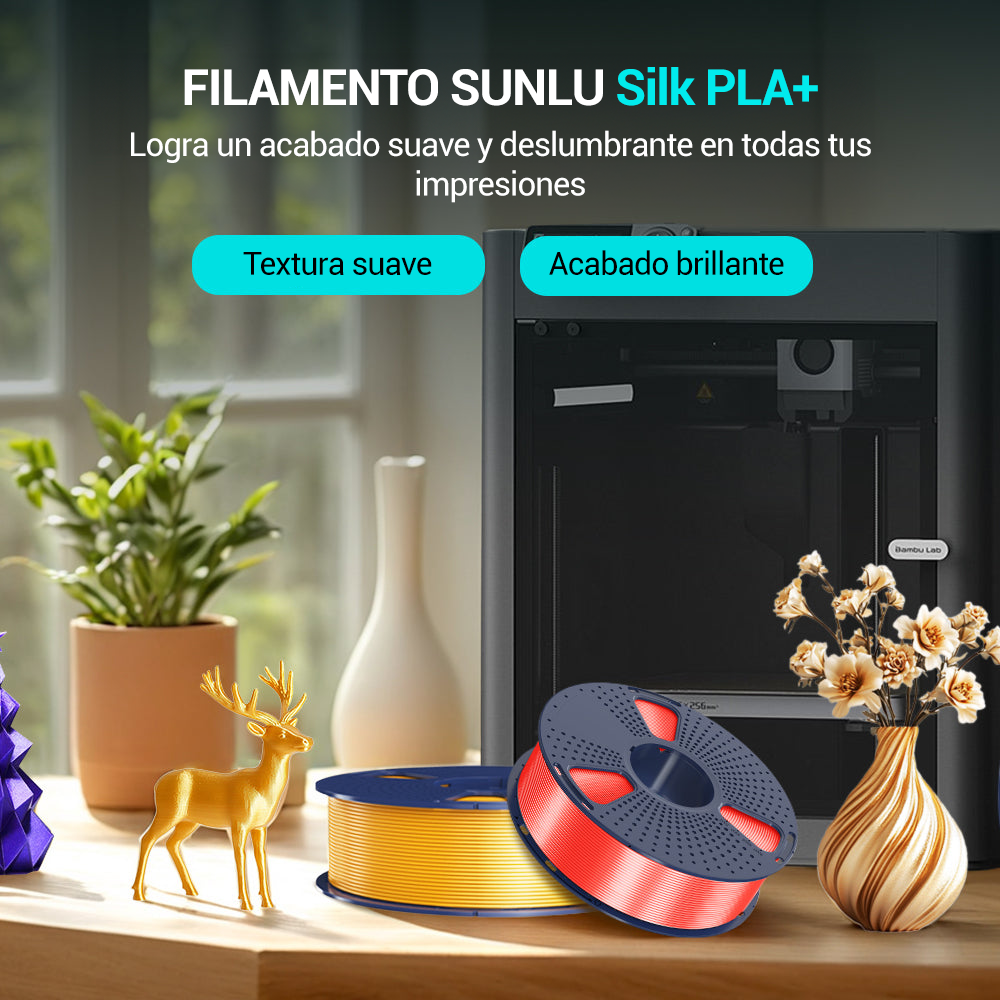 Filamento Sunlu Silk PLA+ para impresiones 3D con acabados suaves y brillantes, disponible en Smartec Store en Quito, Ecuador, ideal para proyectos de alta calidad.