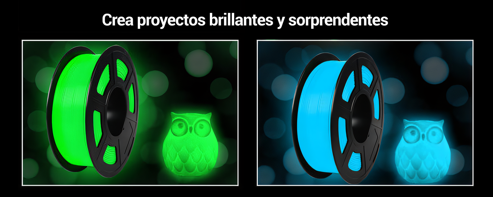 PLA Sunlu Glow in the Dark para impresión 3D, mostrando una figura decorativa en forma de fantasma que brilla intensamente en la oscuridad. Ideal para proyectos creativos. Disponible en Smartec Store, Quito, Ecuador.