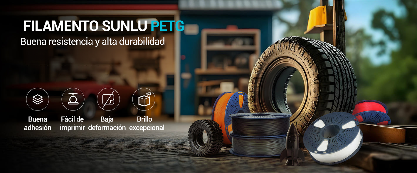 Rollos de filamento PETG Sunlu con neumáticos y cohete impresos en 3D, demostrando resistencia y durabilidad excepcionales. Disponible en Smartec Store Quito Ecuador.