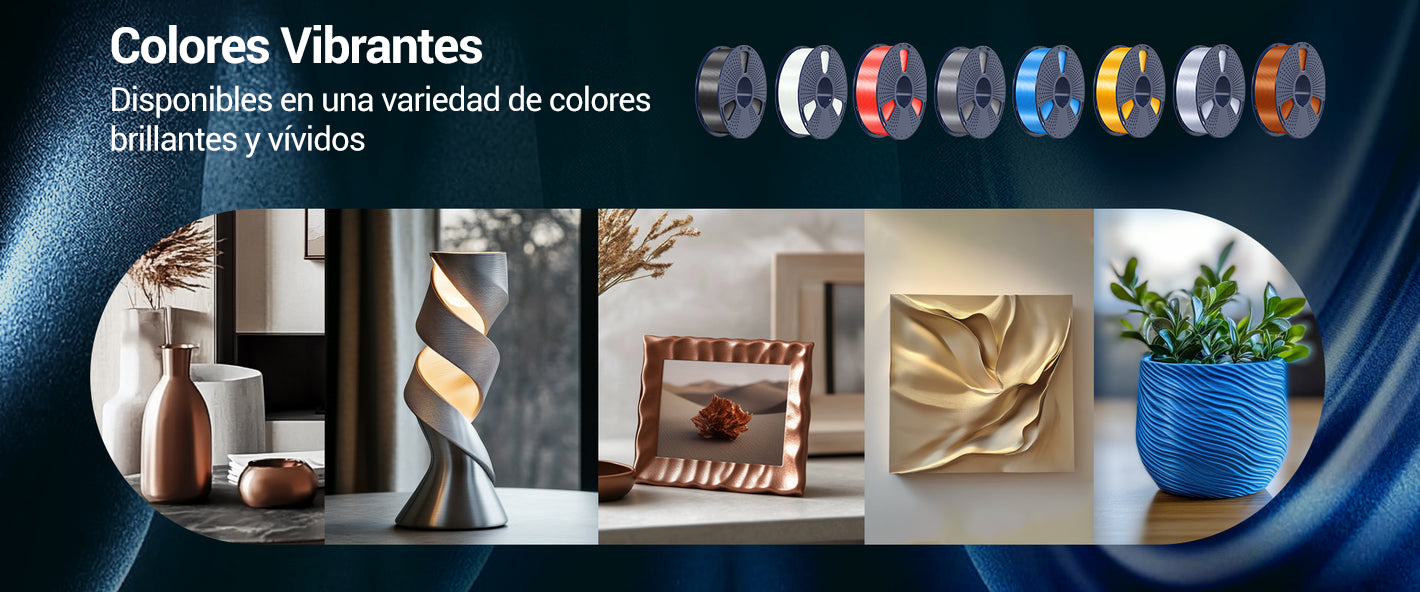 Rollo de filamento Sunlu Silk PLA+ en una variedad de colores vibrantes y ejemplos de figuras decorativas como floreros, lámparas y macetas. Disponible en Smartec Store, Quito, Ecuador.