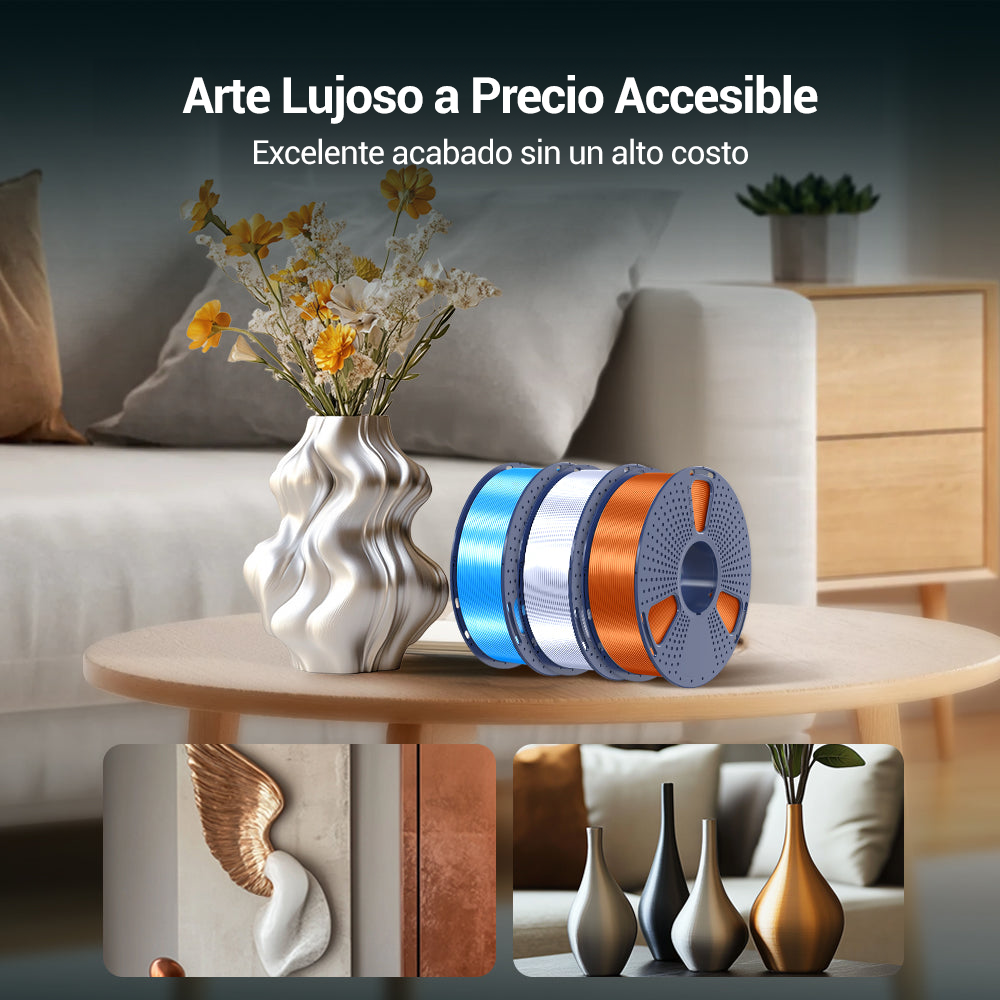Filamento Sunlu Silk PLA+ disponible en Smartec Store, Quito, Ecuador, ideal para crear piezas decorativas con acabados lujosos y accesibles como floreros y ornamentos.