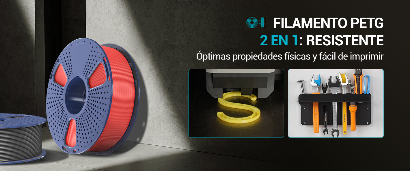 Rollos de filamento PETG Sunlu en colores rojo y gris, demostrando resistencia y facilidad de impresión en herramientas funcionales. Disponible en Smartec Store Quito Ecuador.