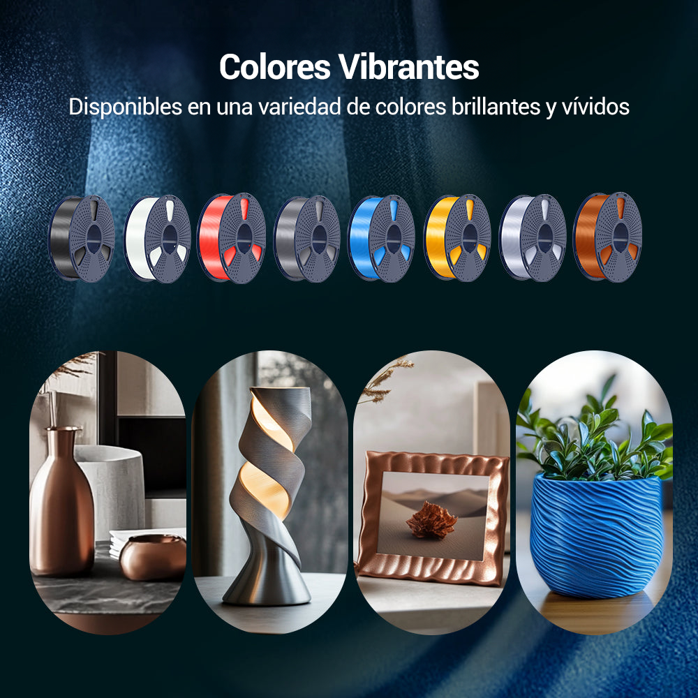 Filamento Sunlu Silk PLA+ en Smartec Store, Quito, Ecuador. Ideal para proyectos 3D con acabados brillantes y colores vibrantes como floreros, lámparas decorativas y macetas.