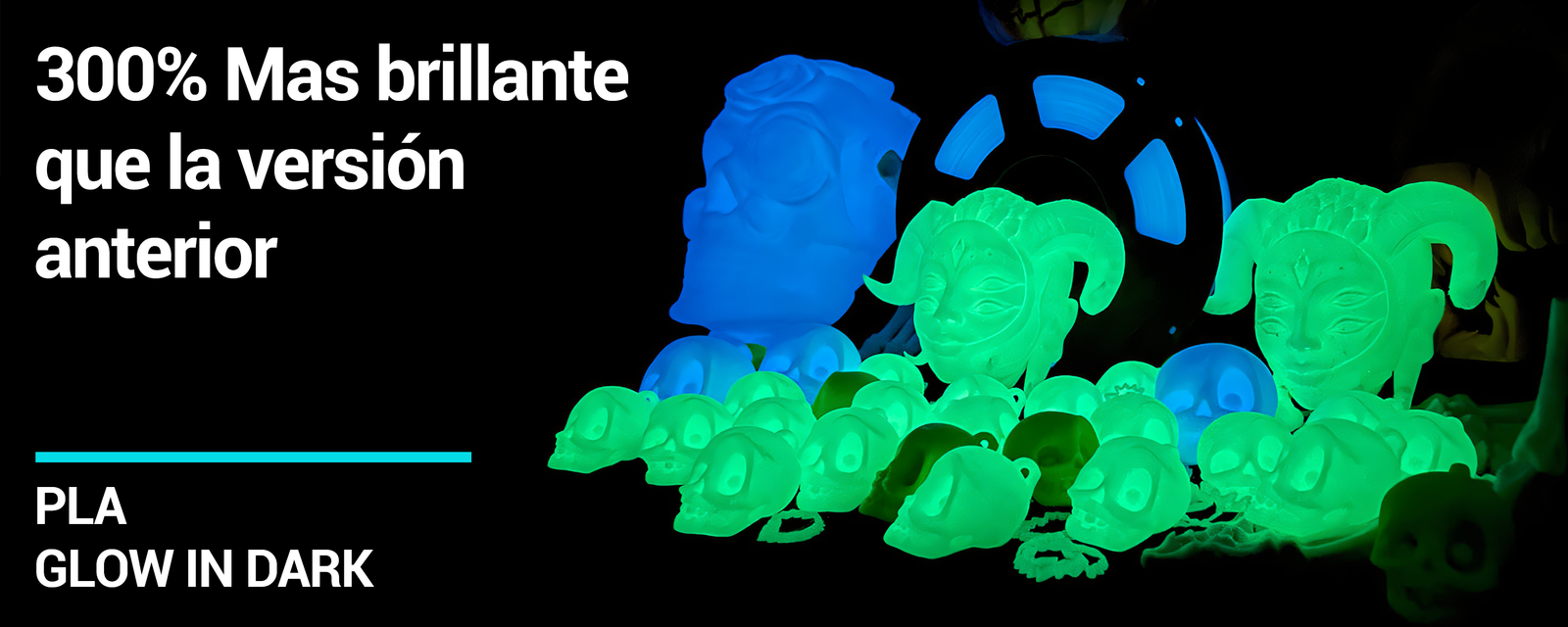 Filamento PLA Sunlu Glow in the Dark para impresión 3D, mostrando figuras decorativas fosforescentes como cráneos y máscaras en colores verde y azul, con un 300% más de brillo que la versión anterior. Disponible en Smartec Store, Quito, Ecuador.