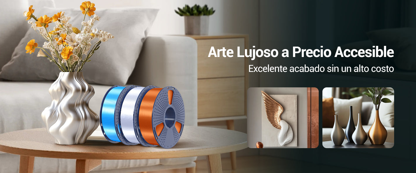 Filamento Sunlu Silk PLA+ mostrando un florero decorativo y ejemplos de arte impreso en 3D con acabados elegantes y accesibles. Disponible en Smartec Store, Quito, Ecuador.