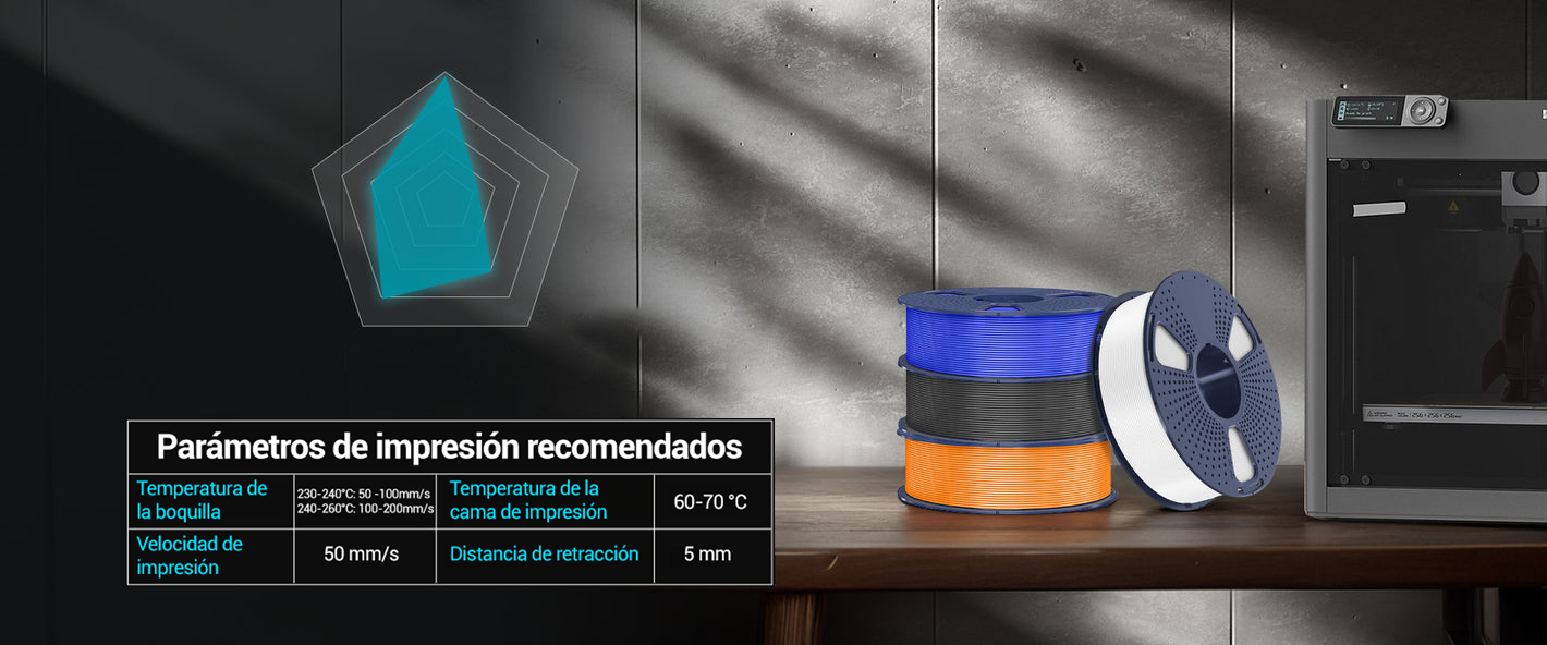 Filamentos PETG Sunlu presentados junto a una impresora 3D y parámetros de impresión recomendados. Disponible en Smartec Store Quito Ecuador.