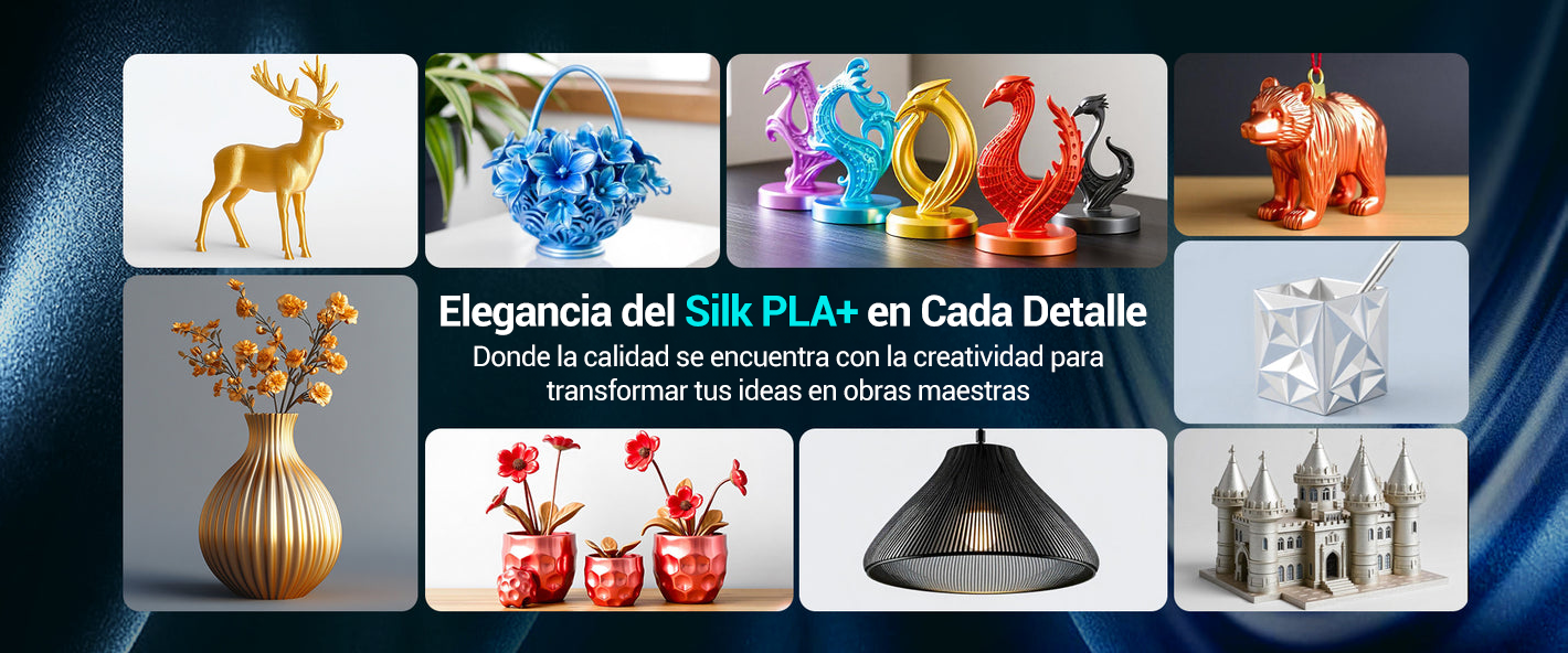 Ejemplos de figuras decorativas impresas en 3D utilizando filamento Sunlu Silk PLA+, mostrando detalles elegantes en floreros, lámparas, animales decorativos y un castillo. Disponible en Smartec Store, Quito, Ecuador.