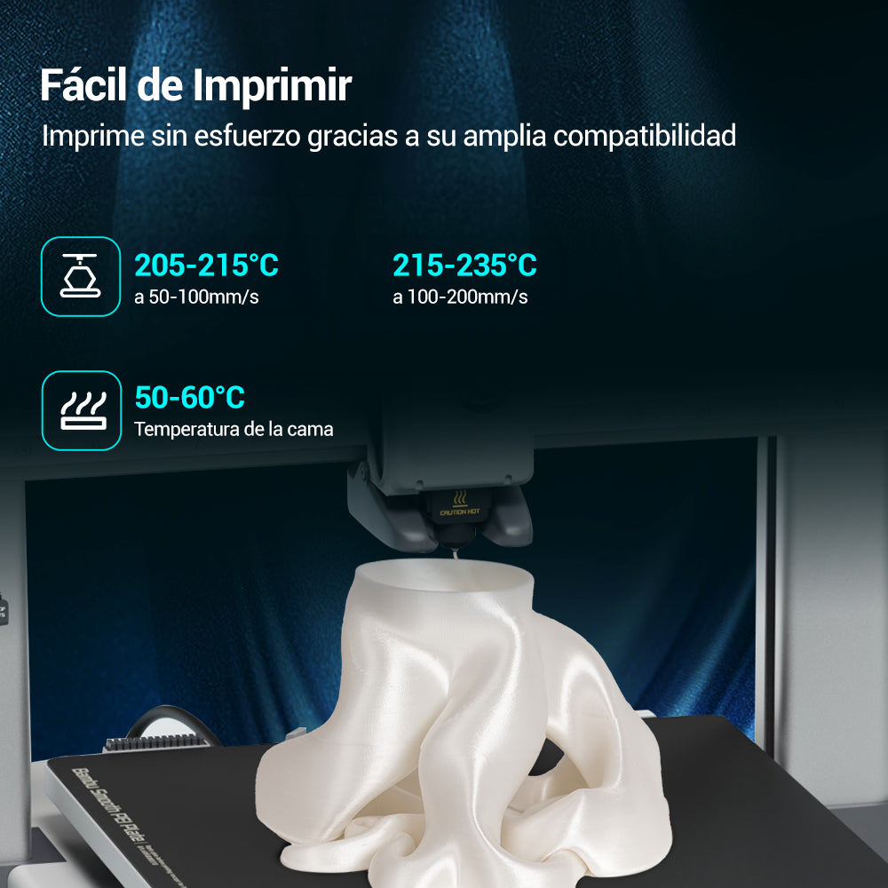 Filamento Sunlu Silk PLA+ en impresora 3D, mostrando temperaturas de impresión recomendadas de 205-215 °C y 215-235 °C, con temperatura de cama entre 50-60 °C. Producto disponible en Smartec Store, Quito, Ecuador.