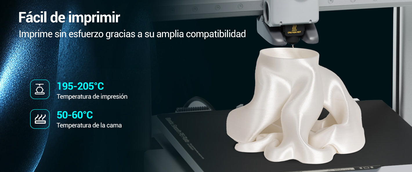 Filamento Sunlu Silk PLA+ siendo impreso en una impresora 3D con parámetros recomendados de 195-205 °C de impresión y 50-60 °C de temperatura de cama. Disponible en Smartec Store, Quito, Ecuador.