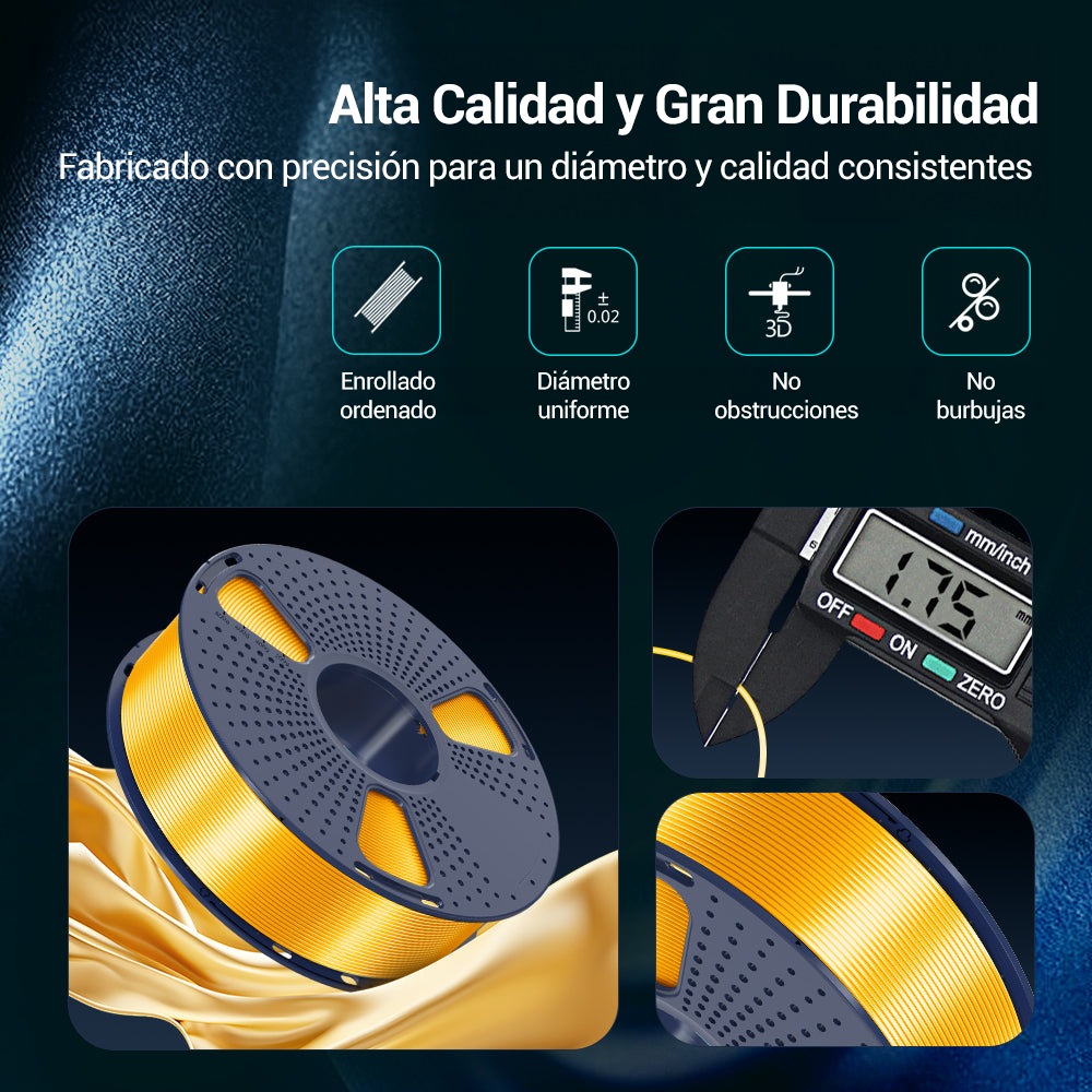 Filamento Sunlu Silk PLA+ de alta calidad, mostrando características como enrollado ordenado, diámetro uniforme, sin obstrucciones y sin burbujas. Producto disponible en Smartec Store, Quito, Ecuador.