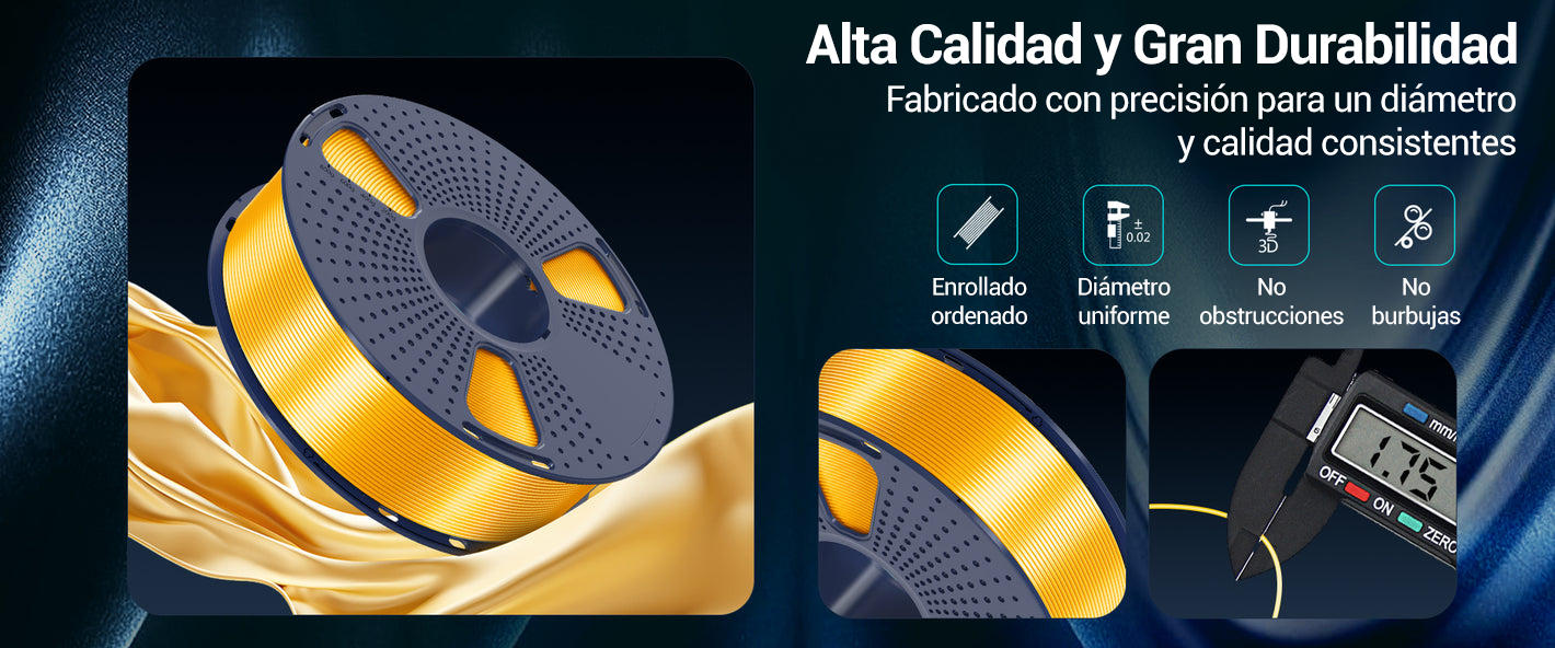 Filamento Sunlu Silk PLA+ con características destacadas como enrollado ordenado, diámetro uniforme de ±0.02 mm, sin obstrucciones ni burbujas. Ideal para impresiones 3D de alta calidad. Disponible en Smartec Store, Quito, Ecuador.