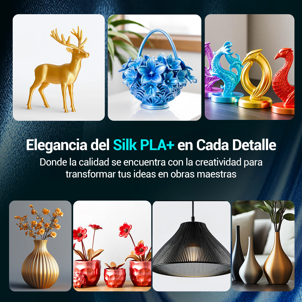 Ejemplos de figuras decorativas impresas con filamento Sunlu Silk PLA+, mostrando elegancia y detalles en diseño. Disponible en Smartec Store, Quito, Ecuador.