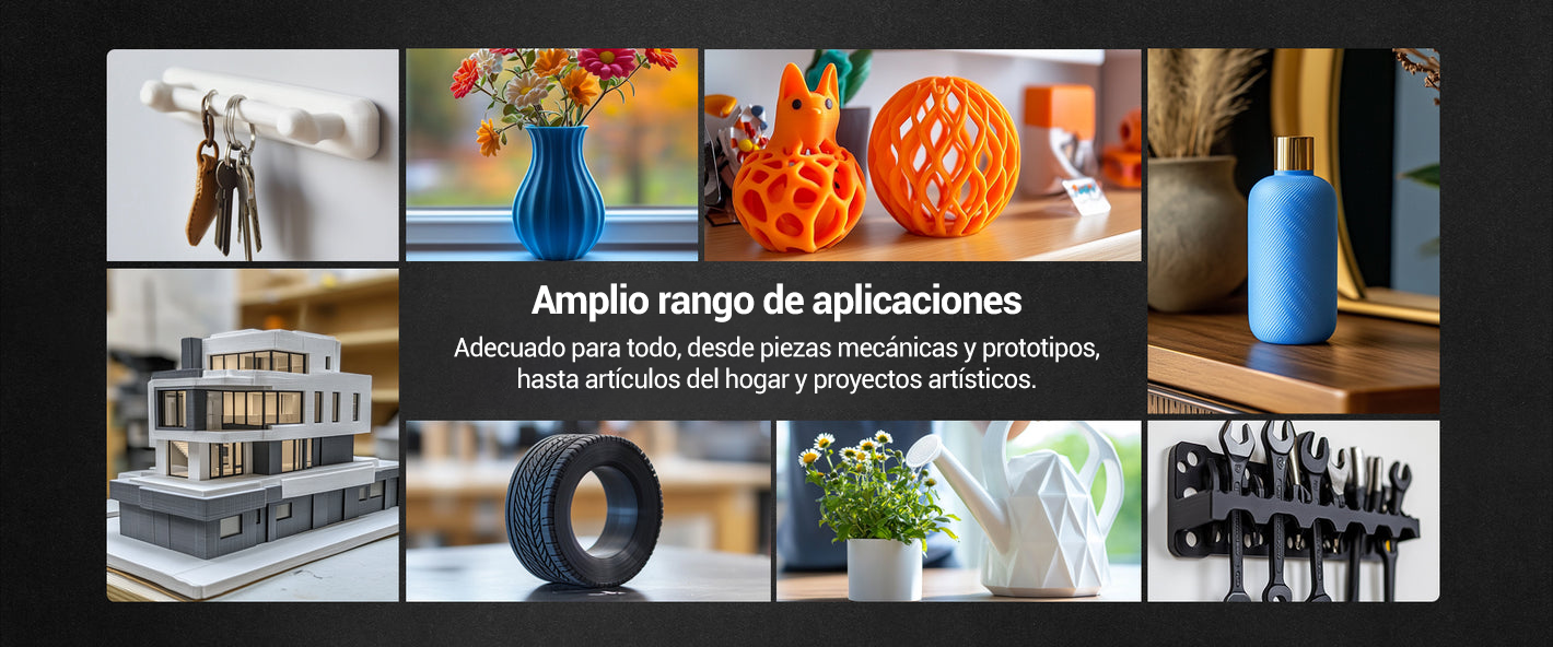 Amplio rango de aplicaciones del filamento PETG Sunlu disponible en Smartec Store, Quito, Ecuador ideal para piezas mecánicas, prototipos, artículos del hogar y proyectos artísticos.