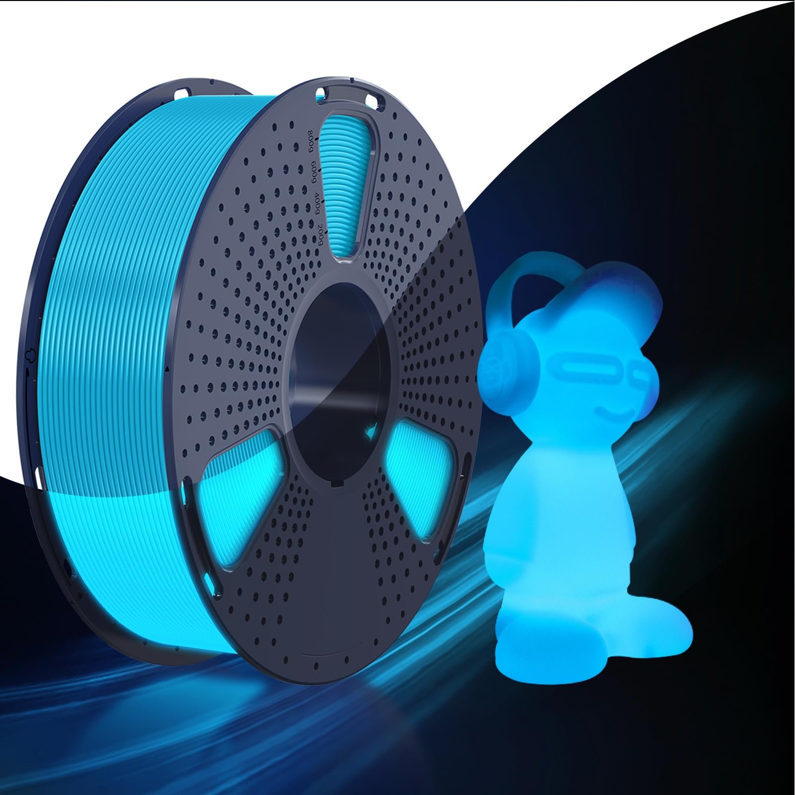 Filamento Sunlu PLA Glow in the Dark de color azul brillante junto a una figura impresa en 3D, mostrando su efecto luminoso en la oscuridad.