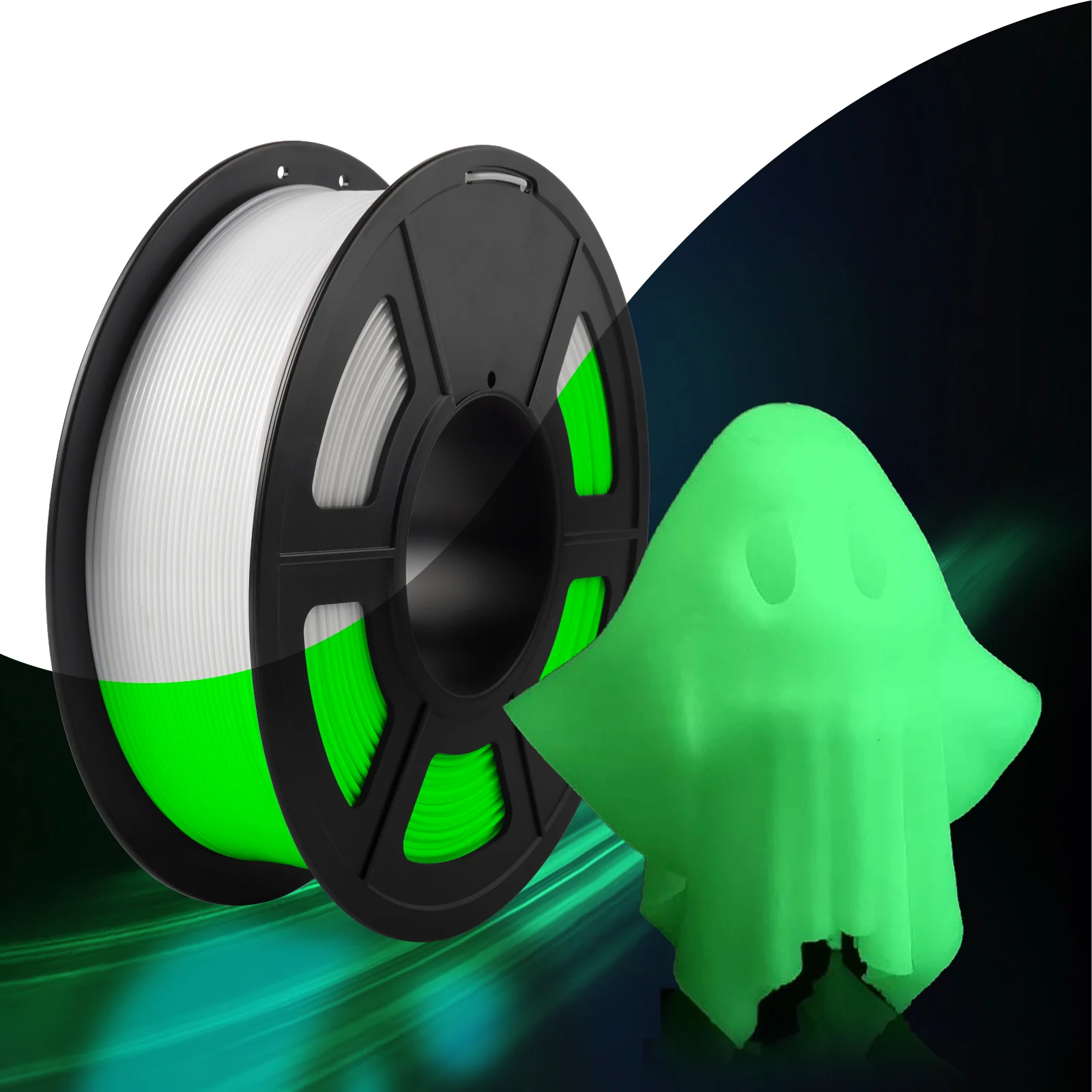 Filamento Sunlu PLA Glow in the Dark blanco junto a una figura de fantasma impresa en 3D, mostrando su efecto verde fluorescente en la oscuridad.