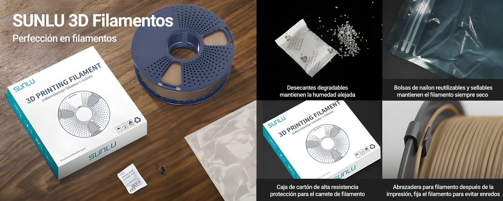 Imagen del filamento Sunlu 3D en su empaque original, con caja de cartón reciclable, bolsa de nailon reutilizable y desecantes degradables para mantener el filamento seco y en óptimas condiciones.