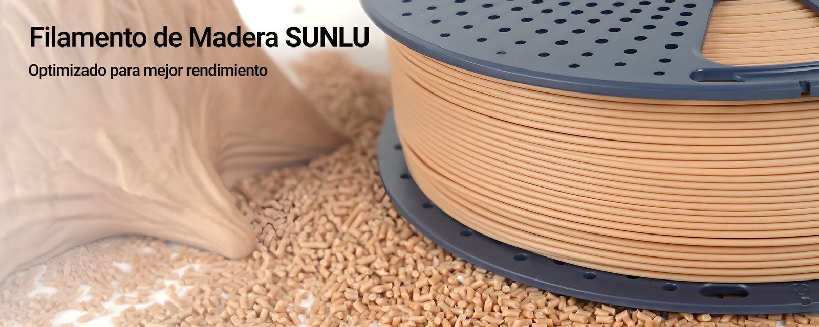 Carrete de filamento Sunlu PLA Madera junto a pellets de material base. Filamento optimizado para una mejor fluidez y rendimiento en impresión 3D. Disponible en Smartec Store Quito Ecuador.