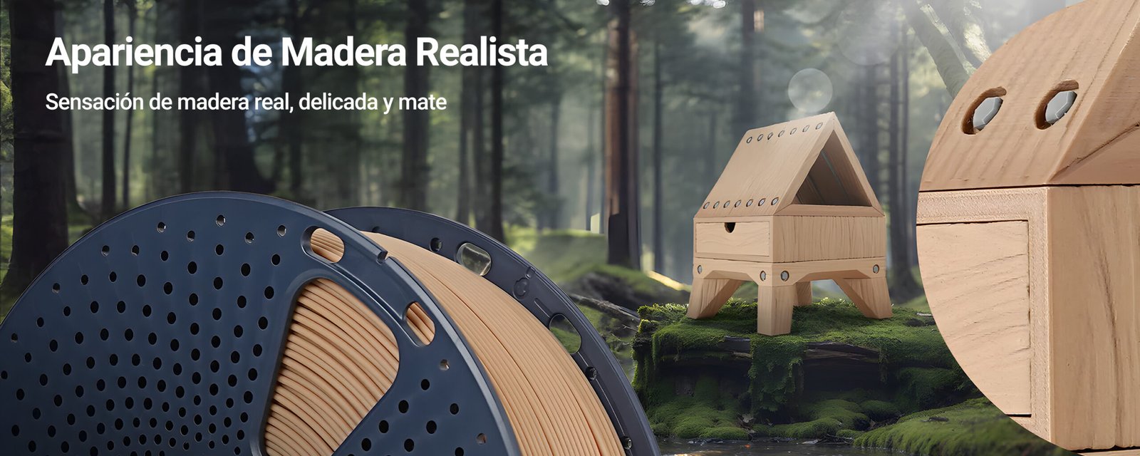 Filamento Sunlu PLA Madera en carrete junto a modelos impresos en 3D con un acabado que imita la madera natural. Perfecto para decoración, maquetas y manualidades. Disponible en Smartec Store Quito Ecuador.