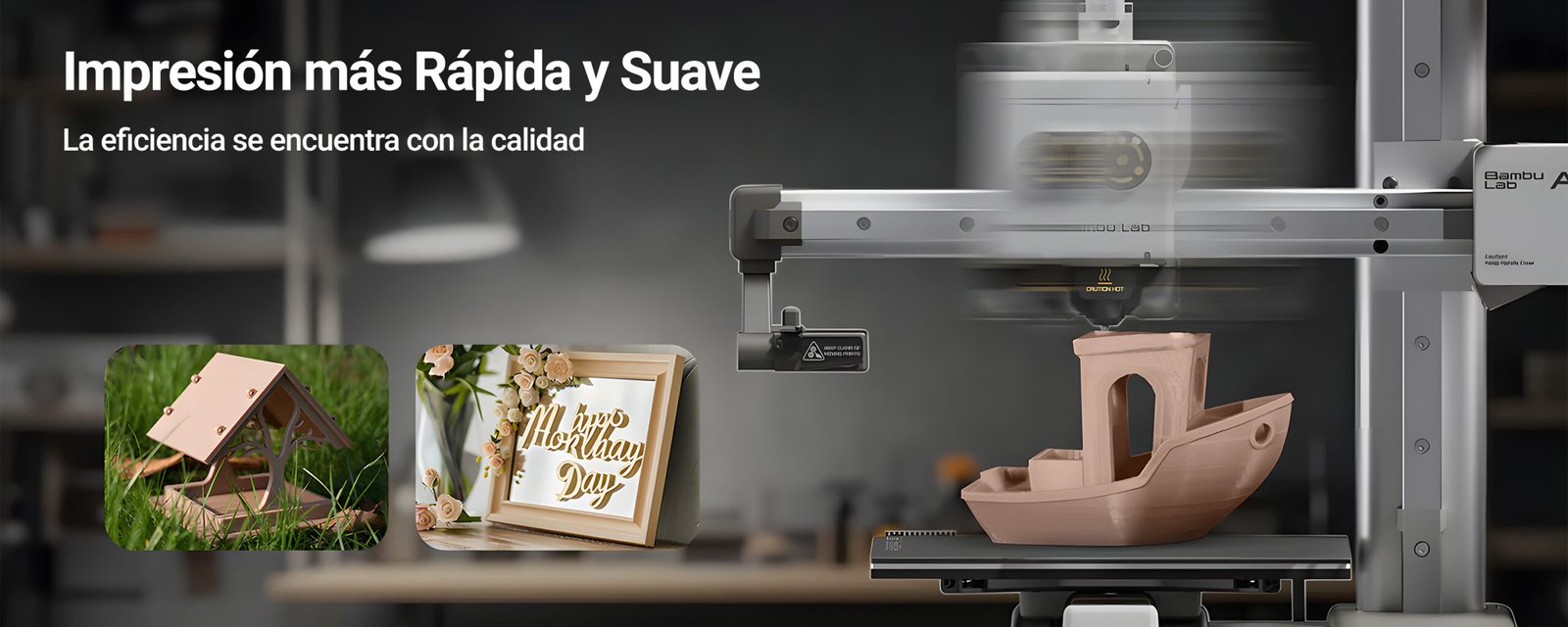Impresora 3D Bambu Lab A1 Mini en acción utilizando filamento Sunlu PLA Madera, logrando una impresión rápida y suave con alta precisión. Ideal para proyectos decorativos, estructuras en madera sintética y maquetas. Disponible en Smartec Store Quito Ecuador.