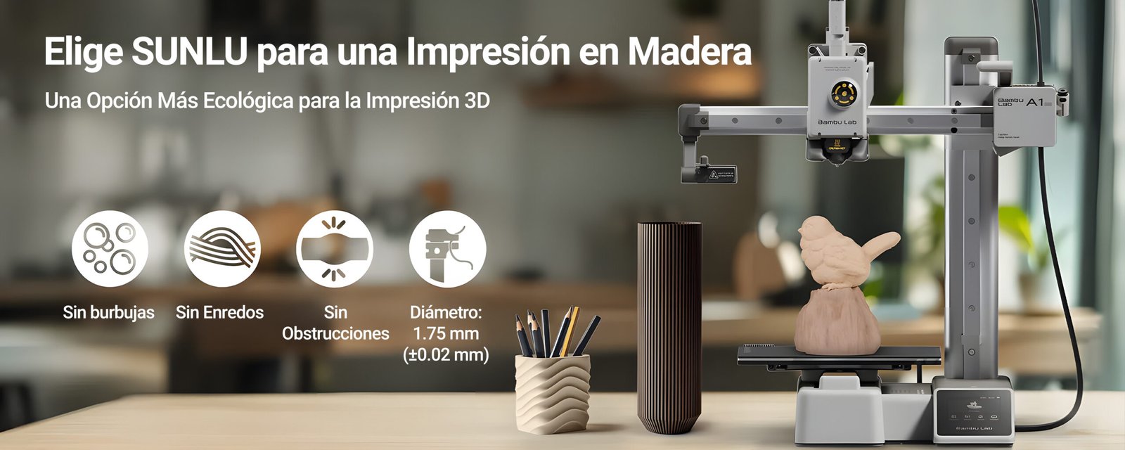 Filamento Sunlu PLA Madera para impresión 3D, ideal para crear piezas con textura y acabado similar a la madera real. Compatible con impresoras 3D FDM y con un diámetro de 1.75 mm. Disponible en Smartec Store Quito Ecuador.