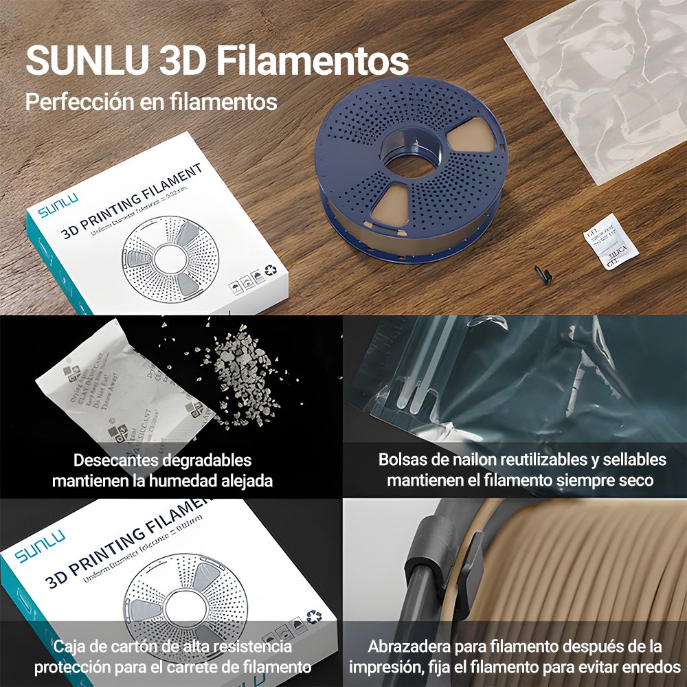 Imagen de un carrete de filamento SUNLU junto con su empaque de alta resistencia, desecantes biodegradables y bolsas de nailon reutilizables. Se muestra una abrazadera diseñada para evitar enredos después de la impresión. Este sistema de almacenamiento garantiza la conservación óptima del filamento manteniéndolo seco y protegido. Disponible en Smartec Store Quito Ecuador.