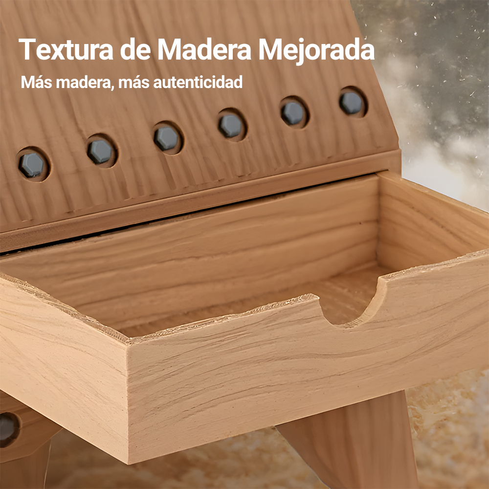 Caja decorativa impresa en 3D con filamento Sunlu PLA Madera, mostrando textura mejorada que imita vetas naturales de madera. Fondo con virutas de madera. Disponible en Smartec Store Quito Ecuador.