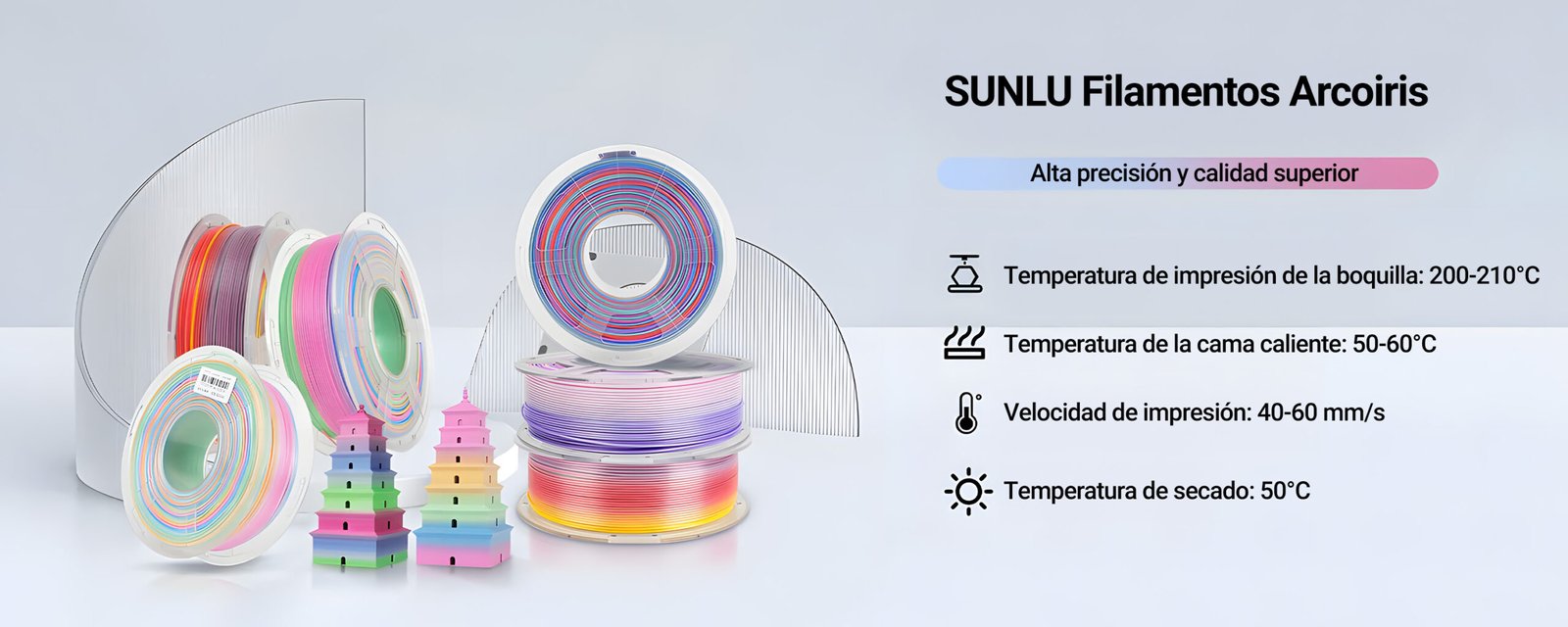 Imagen de filamentos Sunlu PETG Arcoíris en varios tonos vibrantes, acompañados de modelos impresos en 3D que exhiben la transición de colores. A la derecha, se muestran especificaciones de impresión, incluyendo temperatura de boquilla, cama caliente y velocidad de impresión. Disponible en Smartec Store Quito Ecuador.