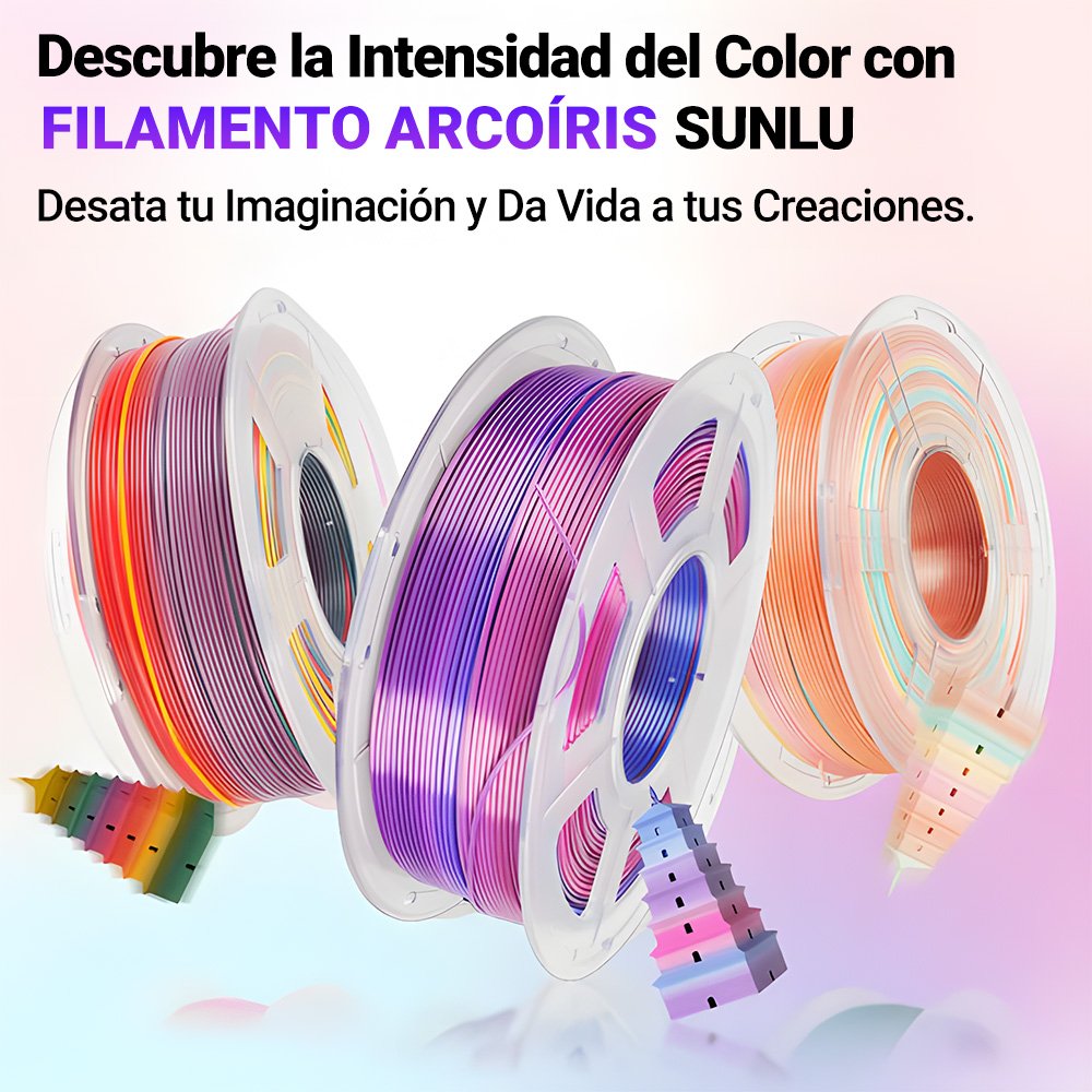 Tres bobinas de filamento Sunlu PETG Arcoíris en diferentes combinaciones de colores, acompañadas de modelos de torres pagodas impresas en 3D que reflejan la transición de tonalidades del material. Disponible en Smartec Store Quito Ecuador.