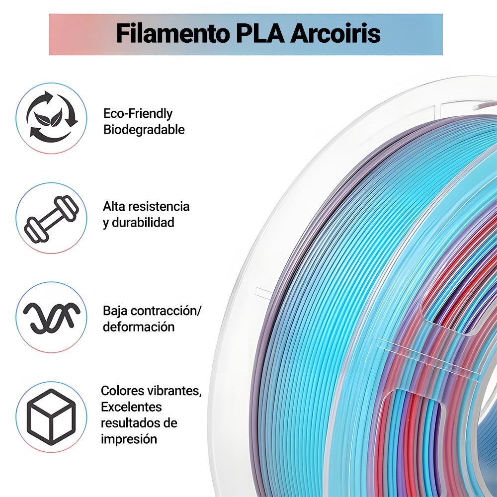 Bobina de filamento Sunlu PETG Arcoíris con colores vibrantes y degradados suaves. En la imagen se destacan las principales características del filamento: biodegradable y eco-friendly, alta resistencia y durabilidad, baja contracción/deformación y excelentes resultados de impresión. Disponible en Smartec Store Quito Ecuador.