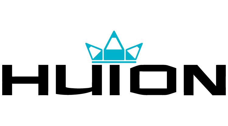 Logotipo oficial de Huion con una corona azul turquesa sobre el texto negro estilizado, representando la marca de tabletas gráficas y herramientas digitales para artistas y diseñadores.