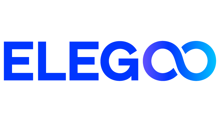 Logo de la marca ELEGOO en color azul degradado, reconocido fabricante de impresoras 3D, resinas y kits de robótica para entusiastas y profesionales de la tecnología.