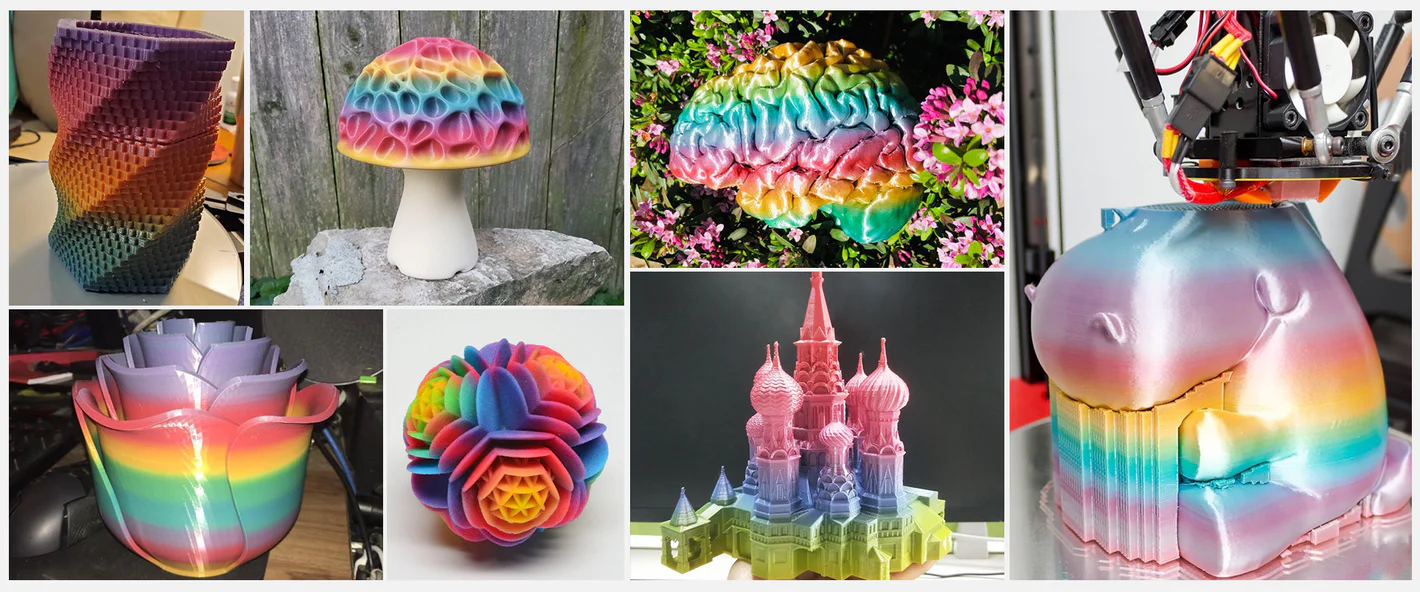 Impresiones 3D coloridas y vibrantes realizadas con filamento Sunlu PETG Arcoíris. Modelos en diferentes formas, como hongos, castillos y estructuras geométricas, exhiben la transición de colores del filamento. Disponible en Smartec Store Quito Ecuador.