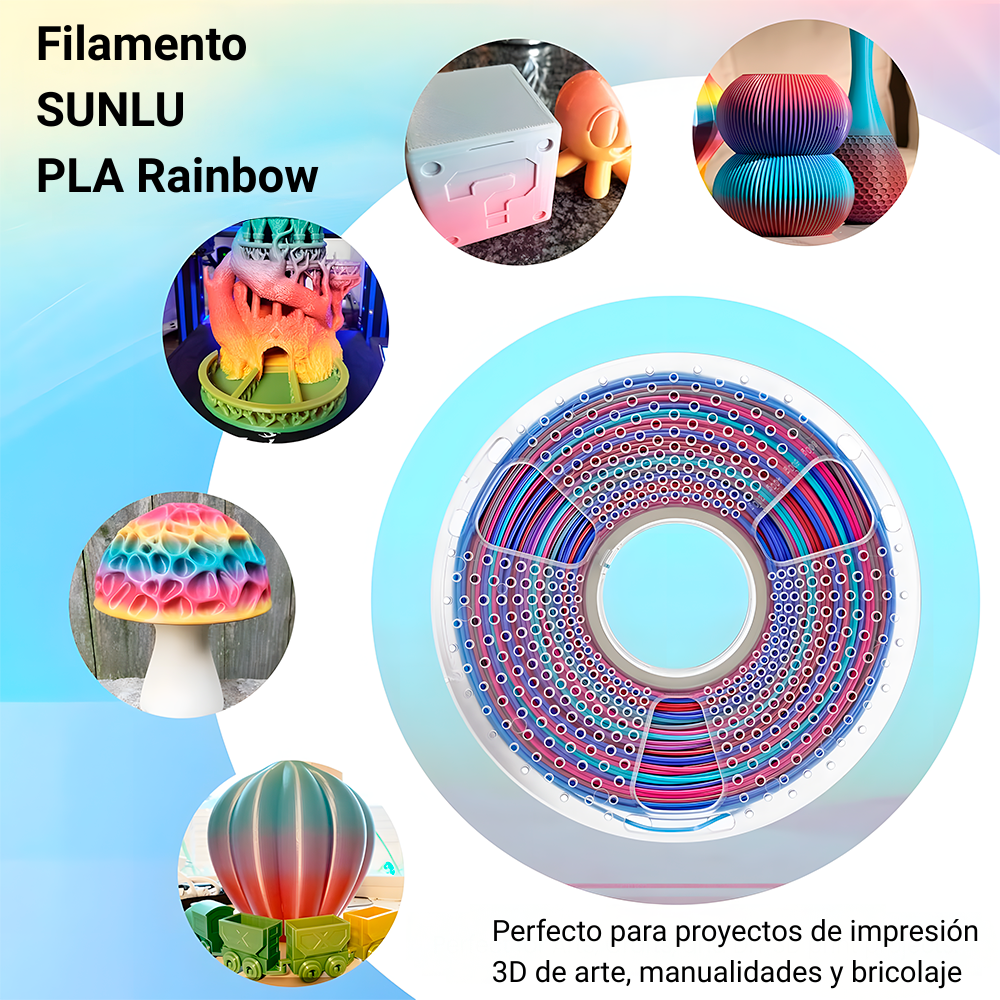 Bobina de filamento SUNLU PLA Rainbow con ejemplos de figuras impresas en 3D en colores degradados. Disponible en Smartec Store Quito Ecuador.