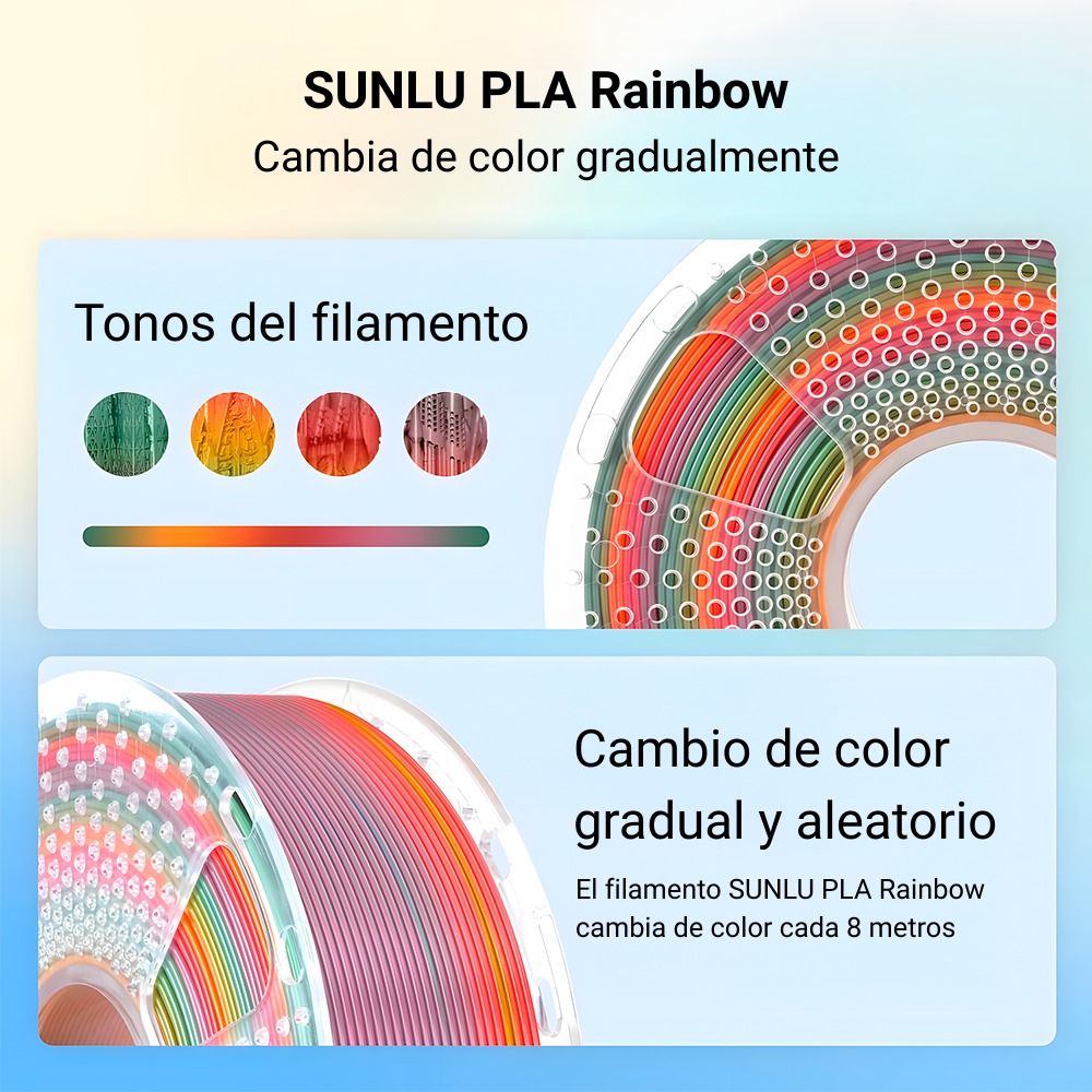 Bobina de filamento SUNLU PLA Rainbow con cambio de color gradual en tonos verdes, naranjas y rojos. Disponible en Smartec Store Quito Ecuador.
