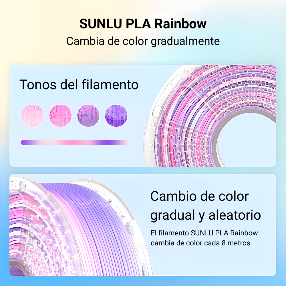 Bobina de filamento SUNLU PLA Rainbow con cambio de color gradual en tonos rosa, lavanda y morado. El color cambia cada 8 metros. Disponible en Smartec Store Quito Ecuador.