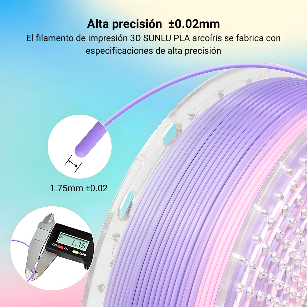 Bobina de filamento SUNLU PLA Rainbow 1.75 mm en tonos lavanda y rosa con precisión dimensional de ±0.02 mm, junto a un calibrador digital. Disponible en Smartec Store Quito Ecuador.