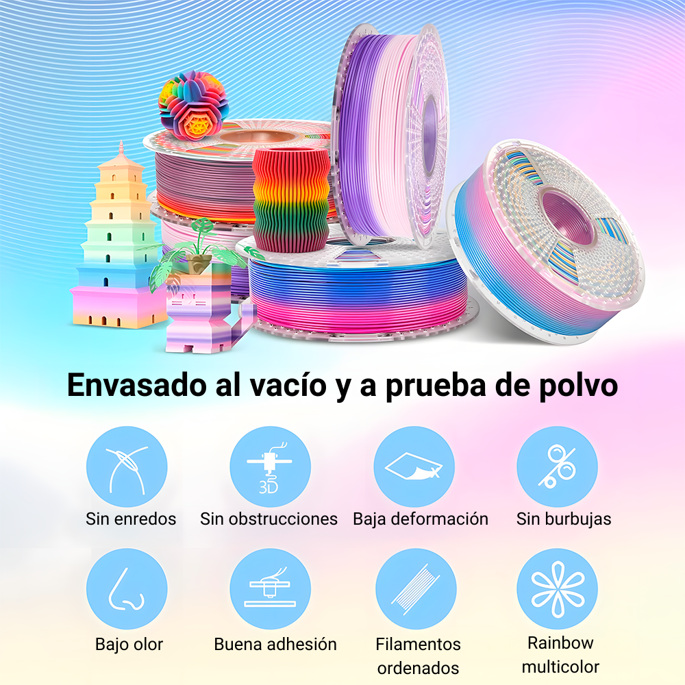 Bobinas de filamento SUNLU PLA Rainbow multicolor junto a modelos impresos en 3D, destacando beneficios como sin enredos, sin obstrucciones y buena adhesión. Disponible en Smartec Store Quito Ecuador.