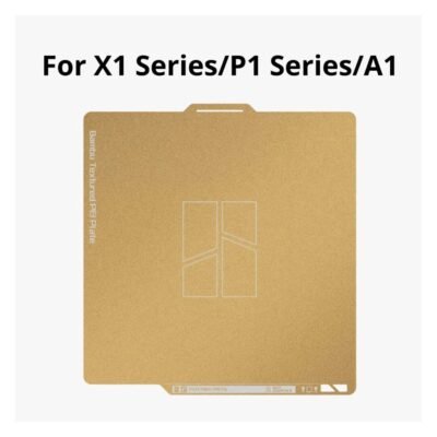 Placa PEI texturizada dorada de Bambu Lab compatible con impresoras 3D X1 Series, P1 Series y A1, vista frontal sobre fondo blanco.