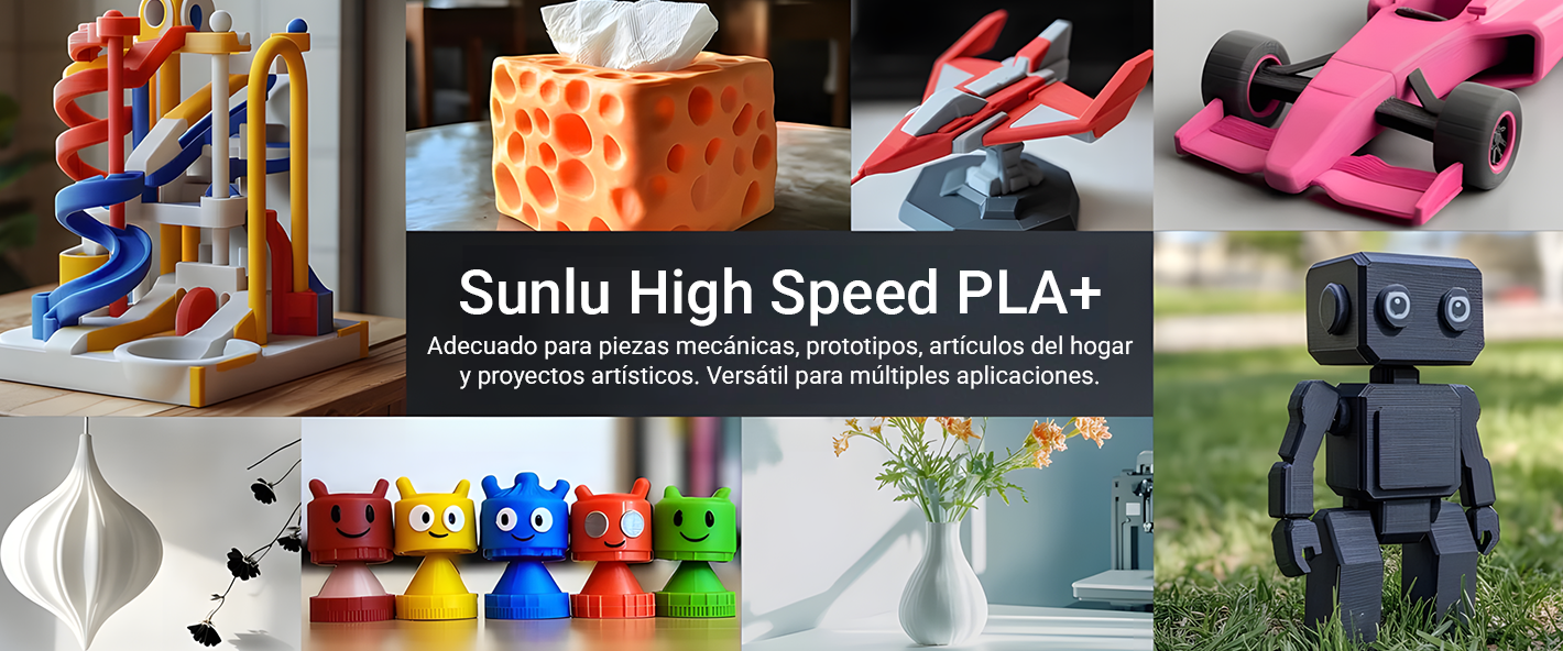 Diversos modelos impresos con filamento Sunlu High Speed PLA+ en Smartec Store Quito, mostrando su versatilidad para objetos mecánicos, decorativos y artísticos.