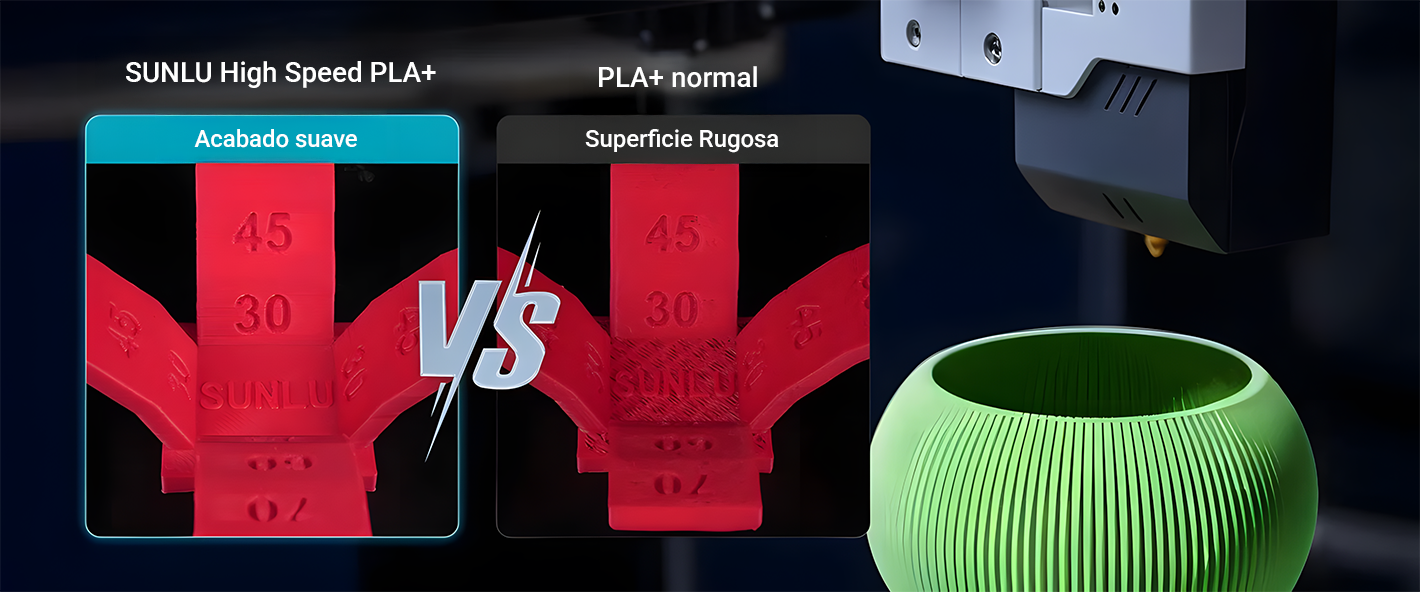 Comparación visual entre el acabado de impresión del filamento Sunlu High Speed PLA+ y el PLA+ normal. El High Speed ofrece una superficie mucho más lisa y definida.