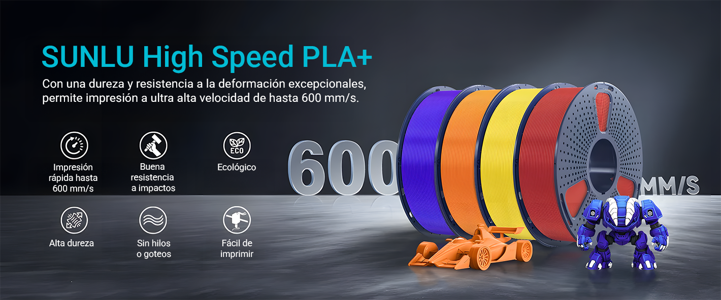 Aplicaciones versátiles del filamento Sunlu High Speed PLA+ con ejemplos impresos en 3D como juguetes, prototipos, piezas mecánicas y decoraciones en Smartec Store Quito.