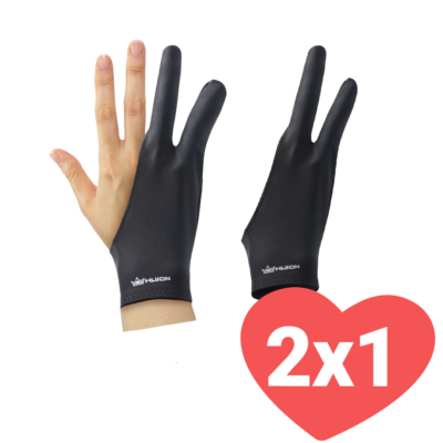 Dos guantes de artista HUION negros para tableta gráfica, uno mostrado en mano y otro suelto, con un ícono de corazón rojo que dice “2x1”.