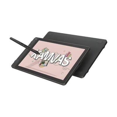 Tableta gráfica HUION Kamvas con pantalla encendida que muestra la palabra “KAMVAS”, acompañada de un lápiz digital sin batería.