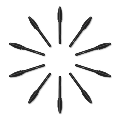 Diez puntas negras HUION PN04 dispuestas en un patrón circular con la punta hacia afuera, sobre fondo blanco.