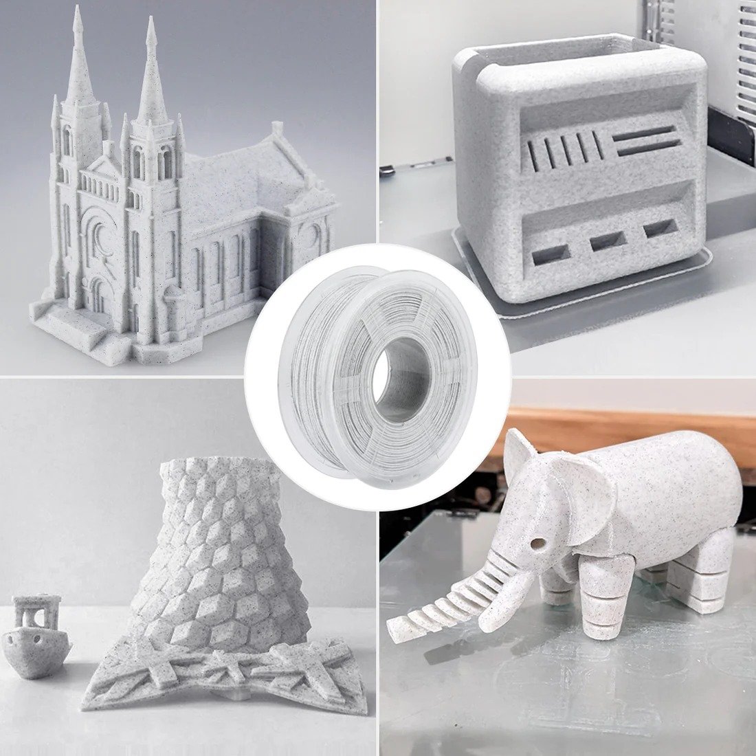 Objetos impresos en 3D con filamento Sunlu HS PLA Marble, incluyendo una iglesia, un elefante articulado, un florero geométrico y una pieza decorativa, junto al carrete del filamento en Quito, Ecuador.