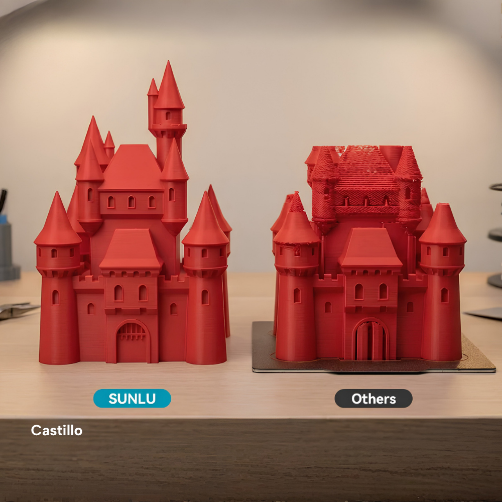 Castillo Rojo impreso con filamento SUNLU High Speed PLA+ de Smartec Store, comparado con otro filamento para mostrar mejor calidad de impresión