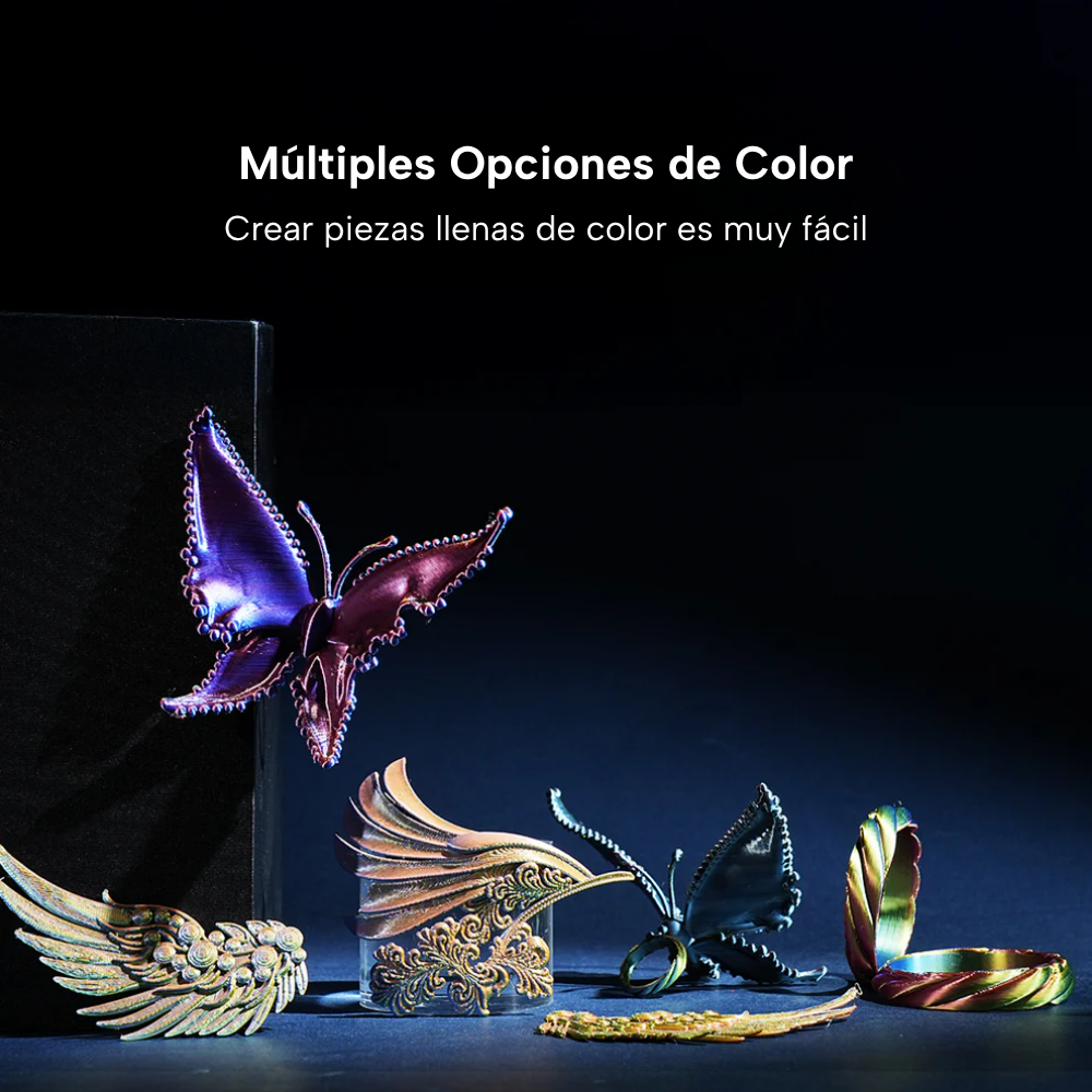 Mariposas y piezas decorativas impresas con filamento SUNLU PLA+ Silk Multicolor de Smartec Store, con múltiples opciones de color y acabado brillante