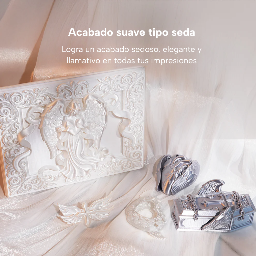 Piezas decorativas Blancas y Plateadas impresas con filamento SUNLU PLA+ Silk de Smartec Store, con acabado suave tipo seda y brillo elegante