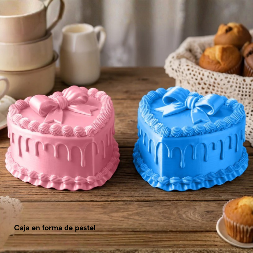 Cajas decorativas en forma de pastel Rosado y Azul impresas con filamento SUNLU PLA+ Silk de Smartec Store, con acabado brillante tipo seda