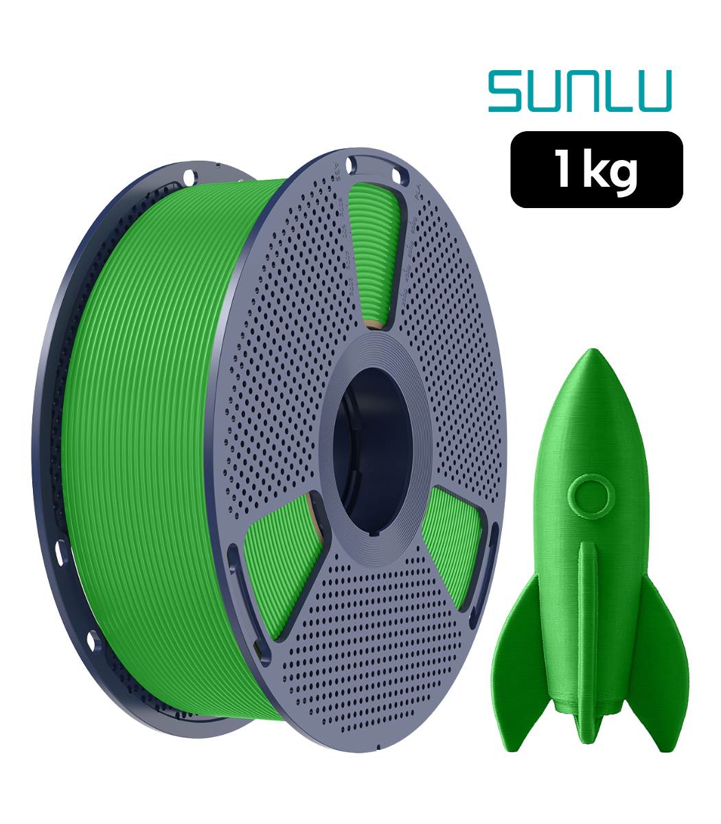 SUNLU High Speed PLA+ Verde 1 kg | Smartec Store Ecuador Filamento SUNLU High Speed PLA+ Verde 1 kg de Smartec Store, con cohete impreso en 3D para piezas rápidas, resistentes y detalladas